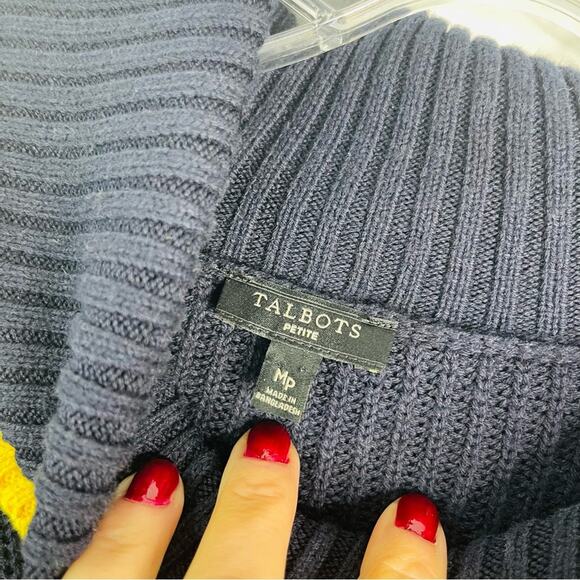 Talbots blue red cream stripe ribbed cowl button preppy academia sweater MP - Picture 4 of 5